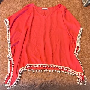 Red Poncho with Pom Pom Trim